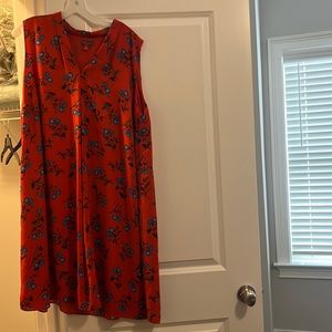 Tunic dress: red with blue floral design: gently worn